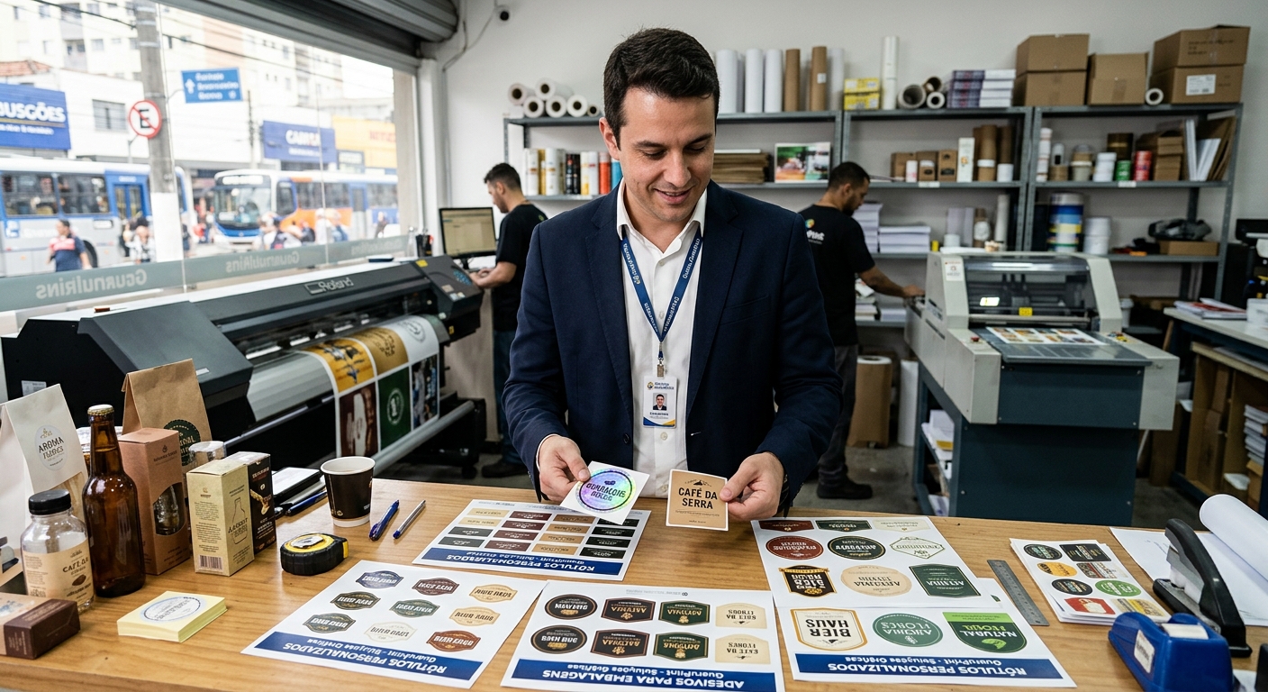 Adesivos Personalizados em Guarulhos 1 Homem em uma gráfica inspeciona rótulos adesivos personalizados sobre uma mesa